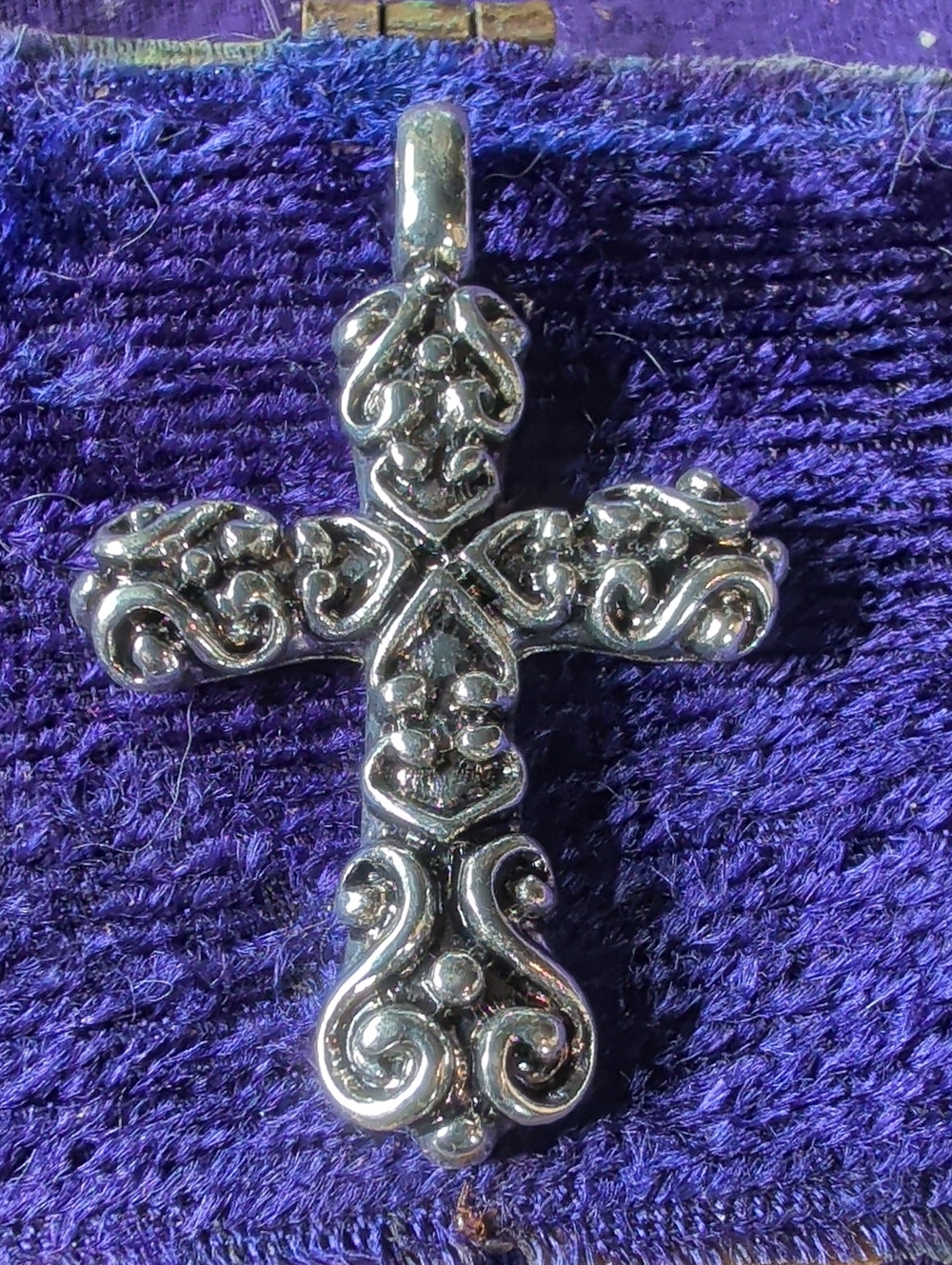Unique Vintage Silver Filigree Cross Pendant on Purple